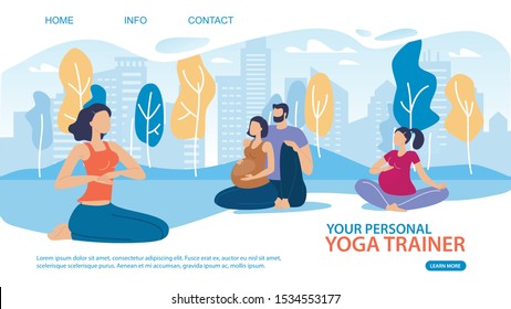 Yoga Personal Trainer for Pregnant Women Trendy Flat Vector Web Banner, Landing Page Template. Waiting Childbirth Couple, Doing Exercises Outdoor, Practicing Yoga in Park with Trainer Illustration