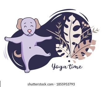 Yoga pets. cute dog goes in for sports and stretches, stands in an asana Raising a paw on a decorative blue background with tropical leaves And decor. Vector. Yoga hobby and time concept. Flat design