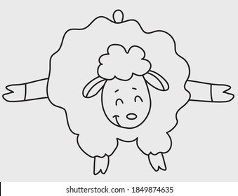 Yoga pets. A cute funny sheep go in for sports and gymnastics, stands in an asana, Fitness and stretching. Sheep yoga. Vector. Outline, Line, contour. Farm animal logo