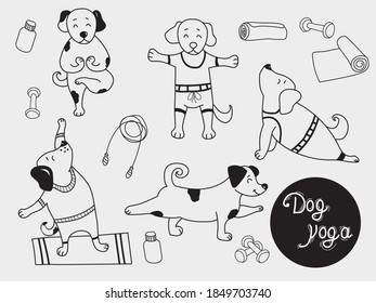 Yoga pets. Dog yoga set. cute puppies stand in an asana and go in for sports. Outline. Vector illustration