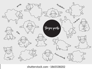 Yoga pets. Lovely sheep get up in an asana and go in for sports, gymnastics and meditation. Sheep yoga - set of linear pictures. Vector illustration. Isolated. Contour, line