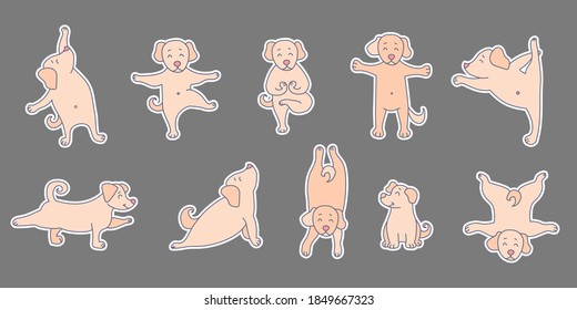 Yoga pets. Set of stickers Dog yoga. Lovely puppies stand up asana, meditate and play sports. Vector illustration