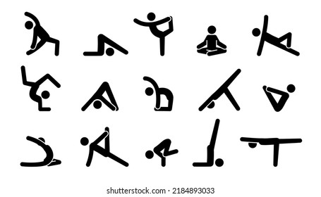 Yoga pictogram icon people. Yoga pose, meditate practice, sport exercise pictogram man set. Health, meditate symbol. Vector illustration.