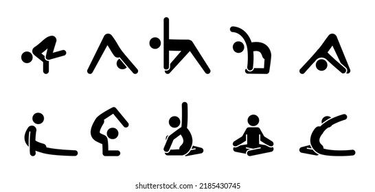 Yoga pictogram icon people. Yoga pose, meditate practice, sport exercise pictogram man set. Health, meditate symbol. Vector illustration.