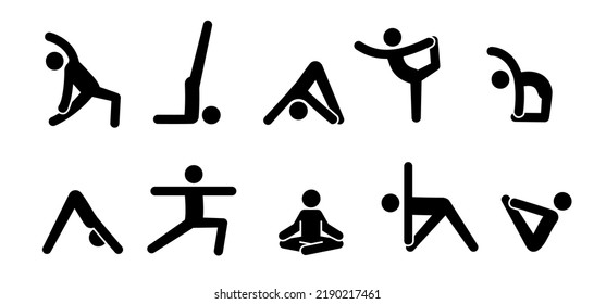 Yoga pictogram icon people. Yoga pose, meditate practice, sport exercise pictogram man set. Health, meditate symbol. Vector illustration.