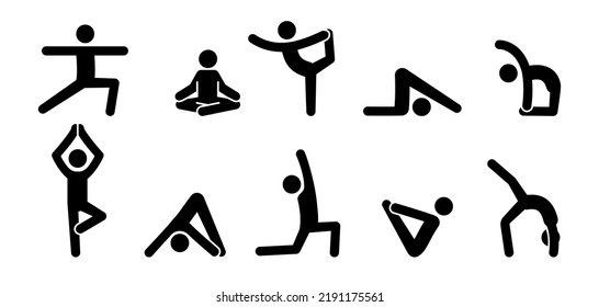 Yoga pictogram icon people. Yoga pose, meditate practice, sport exercise pictogram man set. Health, meditate symbol. Vector illustration.