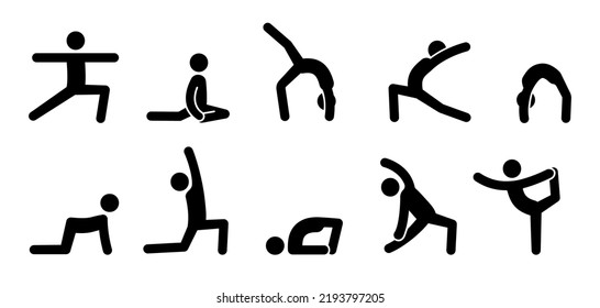 Yoga pictogram icon people. Yoga pose, meditate practice, sport exercise pictogram man set. Health, meditate symbol. Vector illustration.