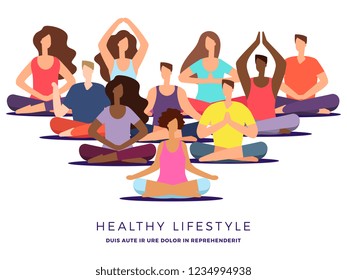 Yoga or pilates class vector illustration. Meditation woman and man