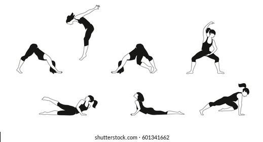 Yoga, Pilates, fitness woman, deepwork, deep work. Cartoon, illustration, clip art, vector in black and white.