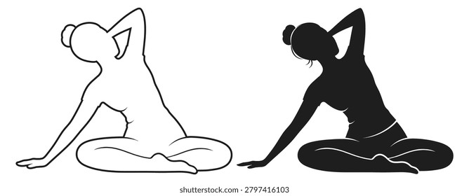 Yoga and pilates pose silhouette set. Meditation and flexibility icons collection.