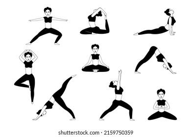 Yoga pilates set of icons on isolated white background. Flat vector illustration.