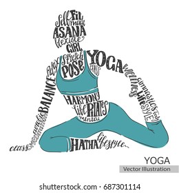 Yoga, Pilates. Vector silhouette of the athlete from the thematic words. Text graphics, lettering.