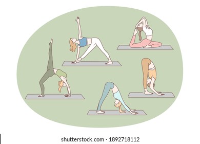 Yoga, pilates, workout concept. Young happy woman cartoon character exercising and practicing yoga doing asana and meditation on fitness mat at home vector illustration 