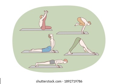 Yoga, pilates, workout concept. Young happy men cartoon character exercising and practicing yoga doing asana and meditation on fitness mat at home vector illustration 