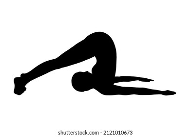 Yoga plow pose or halasana. Woman silhouette practicing stretching yoga pose. Vector illustration isolated on white background