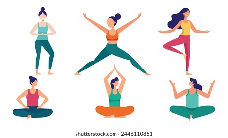 Conjunto de colección de la pose del yoga, colección plana aislada mínima del Vector pro sobre fondo blanco