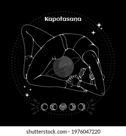 Yoga pose composition white on black with a moon phase cycle