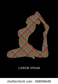  Yoga pose design using colorful line pixels graphic vector.