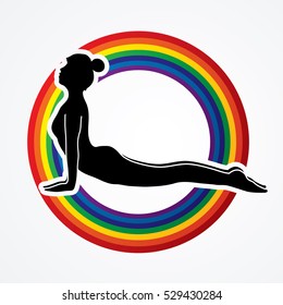 Yoga pose designed on line rainbows background graphic vector.