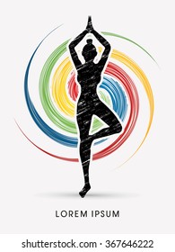  Yoga pose designed using grunge brush on spin wheel background graphic vector.