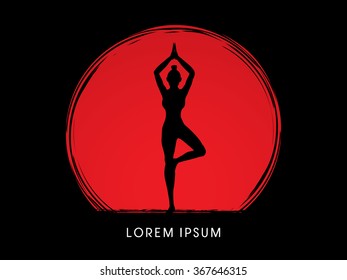  Yoga pose designed using grunge brush on sunrise background graphic vector.