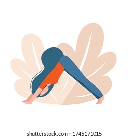 Yoga pose dog. A girl does yoga against the background of leaves. Asana "Dog face down" - Adho Mukha Shvanasana. Vector illustration in flat style.