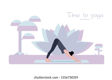 Yoga pose downward facing dog. Exercise for body health and stretch. Practice in the gym.
