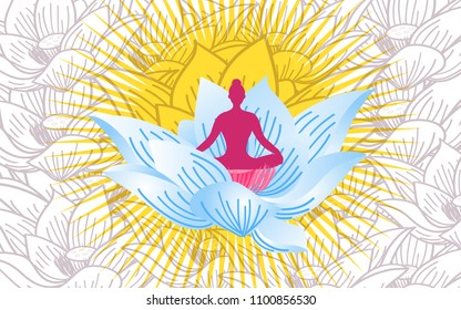 Yoga Pose with Enlighten Ray on Lotus. Vector Illustration. Modern Graphic Style