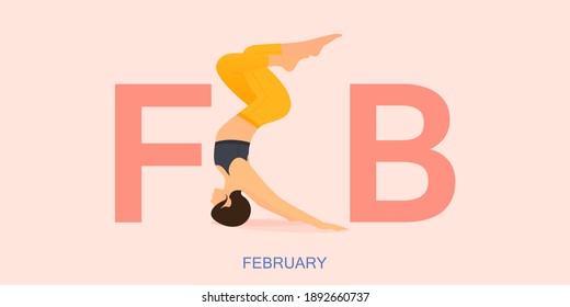 Yoga pose for February banner. Yoga, Asana posture for calendar header template. Women exercising for body stretching in Month of Good Health concept. People cartoon flat design. Vector Illustration.