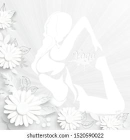 Yoga pose in flat design. Woman figures exercises for yoga on a white background. Paper flower. Lotus. Chamomile. Vector 