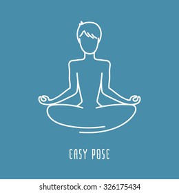 Yoga pose flat line icon, simple sign of man in easy pose, white outline logo isolated on navy blue - vector asana for ajna chakra, design elements for yoga and meditation school