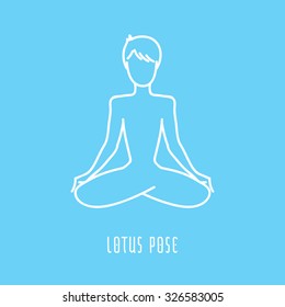 Yoga pose flat line icon, simple sign of man in easy pose, white outline logo isolated on baby blue - vector asana for sahasrara chakra, design elements for yoga and meditation school