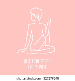 Yoga pose flat line icon, simple sign of man in half lord of the fishes pose, white outline logo isolated on pink - vector asana for manipura chakra, design elements for yoga and meditation practice