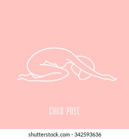 Yoga pose flat line icon, simple sign of woman in child pose, white outline logo on pink - vector asana, design elements for yoga and meditation spa school or center