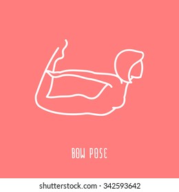 Yoga pose flat line icon, simple sign of woman in bow pose, white outline logo on pink - vector asana, design elements for yoga and meditation spa school or center