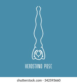 Yoga pose flat line icon, simple sign of woman in headstand pose, white outline logo isolated on blue - vector asana, design elements for yoga and meditation spa school or center