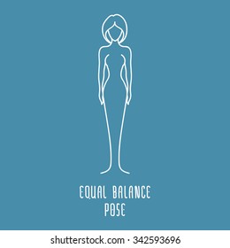 Yoga pose flat line icon, simple sign of woman in equal balance pose, white outline logo isolated on blue - vector asana, design elements for yoga and meditation spa school or center