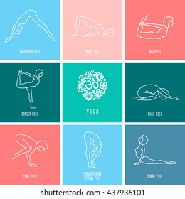 Yoga pose flat line icons set, simple signs of people in popular asanas, white outline logo isolated on color backgrounds - vector design elements