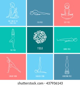 Yoga pose flat line icons set, simple signs of people in popular asanas, white outline logo isolated on color backgrounds - vector design elements