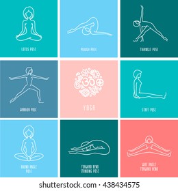 Yoga pose flat line icons set, simple signs of people in popular asanas, white outline logo isolated on color backgrounds - vector design elements