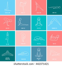 Yoga pose flat line icons set, simple signs of people in popular asanas, white outline logo isolated on color backgrounds - vector design elements