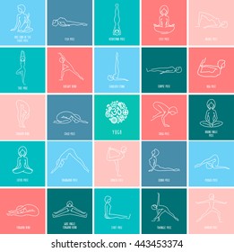 Yoga pose flat line icons set, simple signs of people in popular asanas, white outline logo isolated on color backgrounds - vector design elements