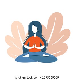 Yoga pose. A girl is sitting and meditating in an asana on a background of leaves. Lotus position. Vector illustration in flat style.