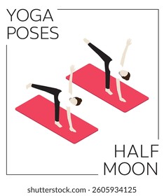 Yoga Pose Half Moon Isometric Vector Set