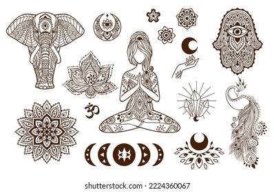 Yoga pose, Hamsa, Moon, Elephant, On, Hand. India set. God with elephant head. vector Illustration. Mandala, medallion, yoga