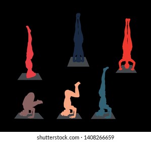 Yoga pose headstand silhouettes set. Vector color illustration on black background.