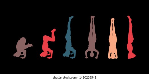 Yoga pose headstand silhouettes set. vector color illustration on black background