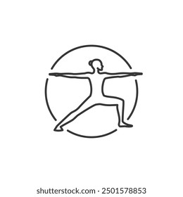 Icono de Yoga Pose en círculo. Línea Mujer de acto guerrero. Símbolo de movimiento de Pilates. Firma de gimnasia femenina. El deporte calienta el recurso gráfico. Ejercicio de estiramiento, Yoga Pilates Studio Logo. Salón de spa.