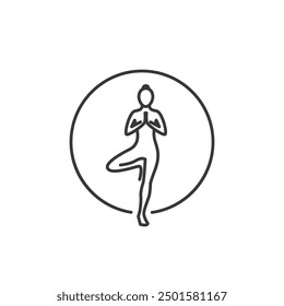 Yoga Pose Icon in circle. Line Woman of tree body shape. Pilates Movement Symbol. Woman Gymnastic Signature. Sport Warm Up Graphic Resource. Stretching Exercise, Yoga Pilates Studio Logo. Spa lounge.