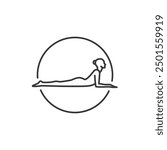 Yoga Pose Icon. Line Woman of spinx in circle. Pilates Movement Symbol. Woman Gymnastic Signature. Exercise Sport Warm Up Graphic Resource. Stretching Exercise, Yoga Pilates Studio Logo. Spa lounge.